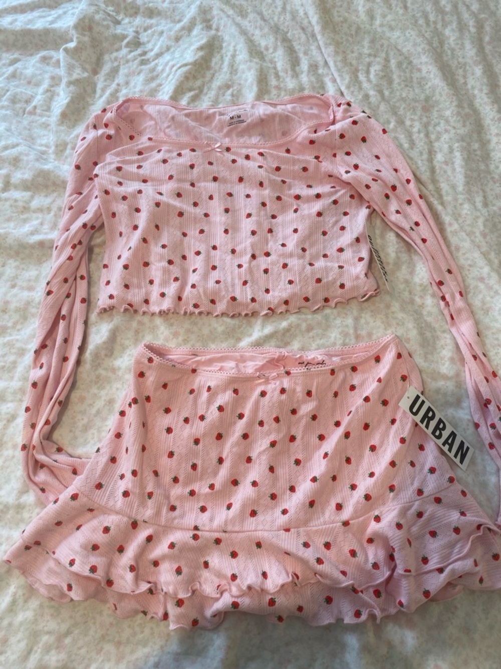 Urban Outfitters Pink Strawberry Ribbed Crop Top & Ruffle Mini Skirt Set